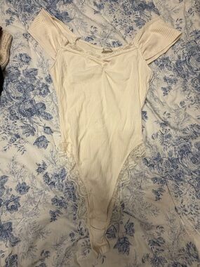 Free People Cream Ribbed Lace-Trim Slip Chemise